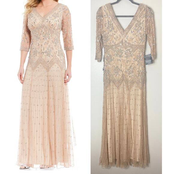 PISARRO NIGHTS DRESS 2 TAN BEIGE GOWN MOB FALL EVENING LONG FORMAL SEQUIN BEADED - Picture 2 of 16